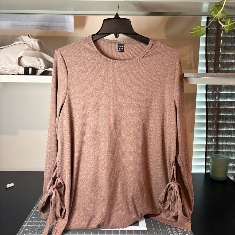 SHEIN Brown Long Sleeve Top with Tie Accents
